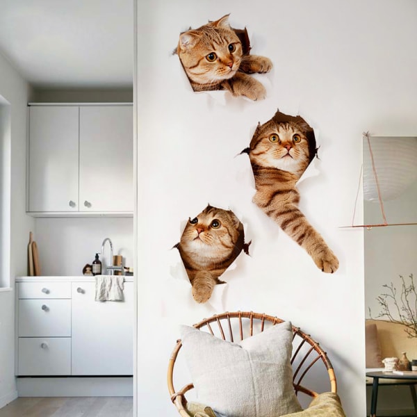 6st 3D självhäftande väggdekaler för katter, väggdekaler för barn/borttagning