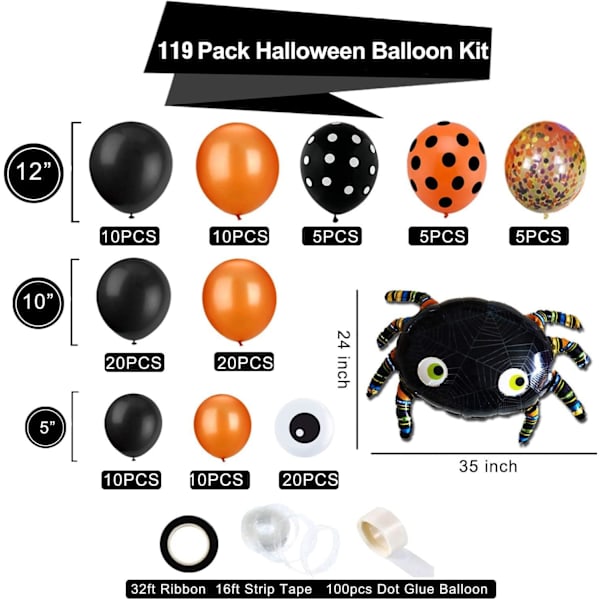 119 stk. Halloween ballonbue guirlande sæt, orange sort konfetti