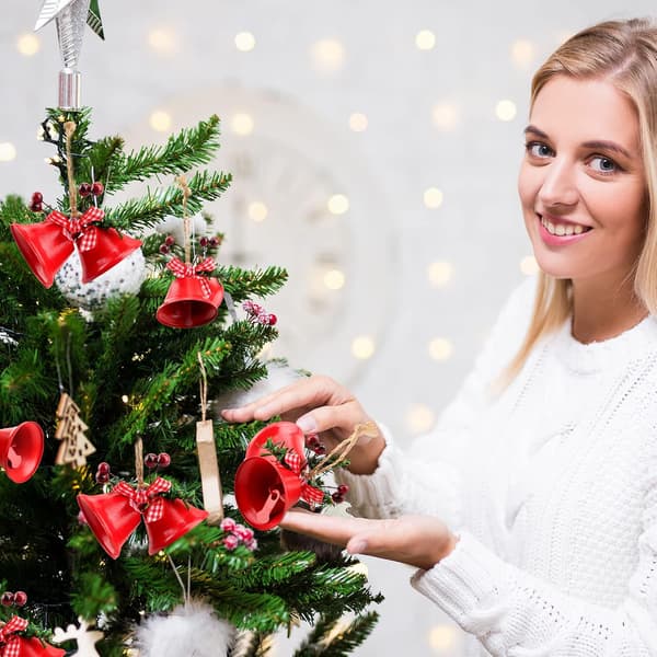 8 par röda julgransklockor i metall, julgransprydnader, julgransprydnader