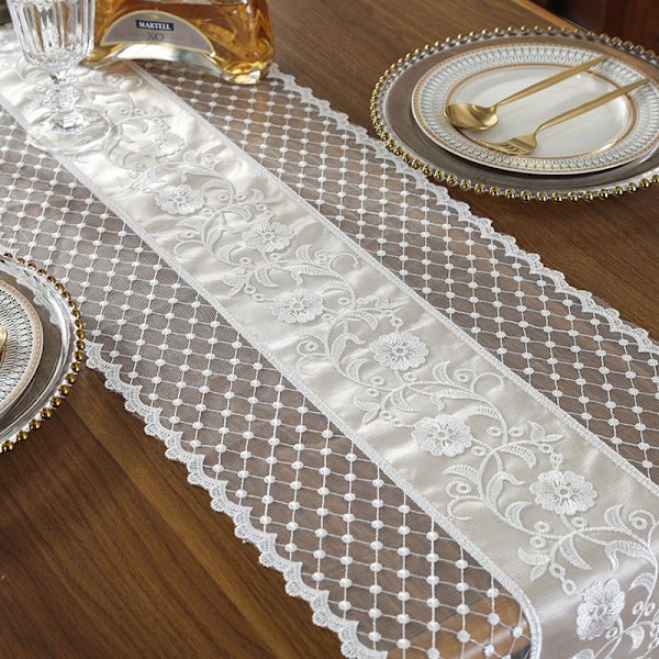 Broderet blonde kommodeskærf Chiffon Macrame bordløbere til