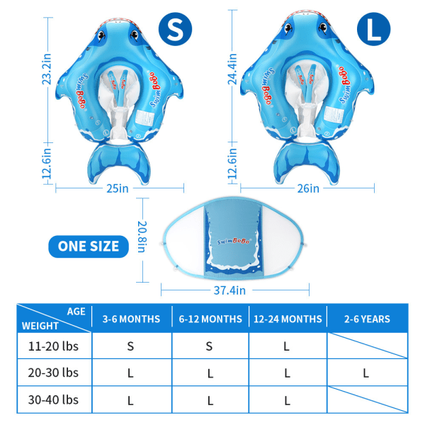 Oppustelig svømmering til børn med haj og solskærm L