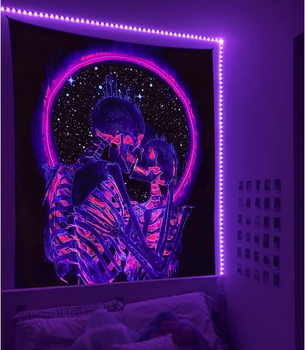 Halloween Skull Gobelin, Kyssende elskere Måne Gobelin UV Reacti