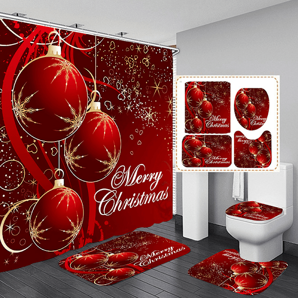 4pcs Christmas Shower Curtain Set with Anti-Slip Carpet Toilet Cover and Bath Mat Christmas Garter Hook Christmas Shower Curtain