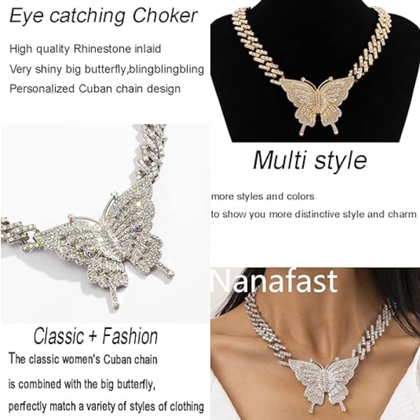 Cubansk lenkekjede Charm Butterfly Halskjeder for kvinner Rhinestone
