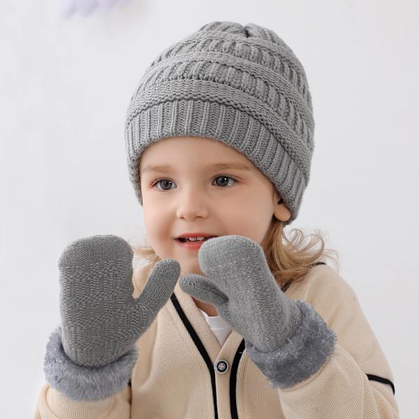 Lue og hanske sett for barn, gutter og jenter, strikket lue og fleece