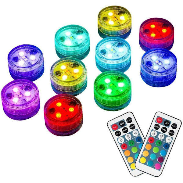 10 st Mini nedsänkbara LED-lampor med fjärrkontroll, vattentäta