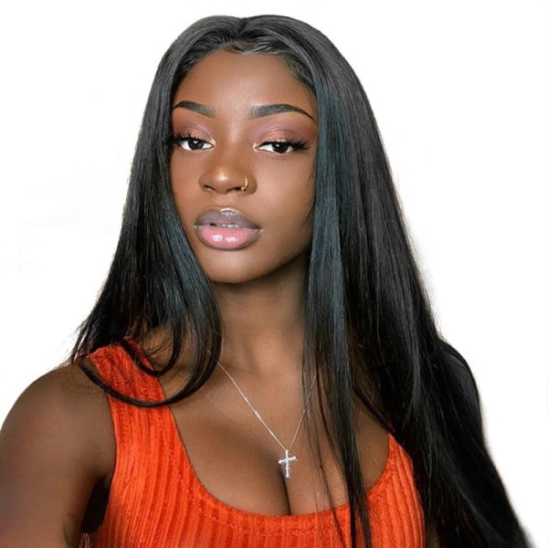 Långt rakt hår för kvinnor peruk i kemisk fiber, svart peruk, lon