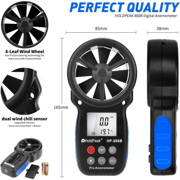 866B Digital Anemometer til måling af vindhastighed, temperatur og vindafkøling