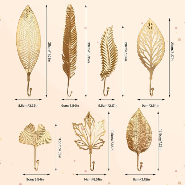 7 Pak Dekorative Oversized Blad Jern Nøgle Kroge Guld Moderne Væg