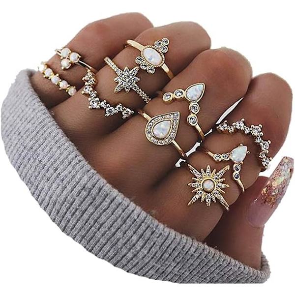 Sæt med 10 stablebare ringe til teenagepiger, boho vintage stacka
