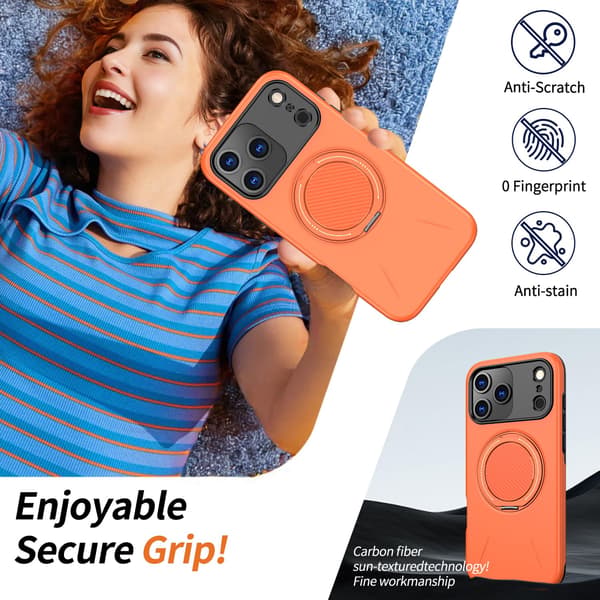 Lämplig för iPhone 16 PRO MAX magnetiskt telefonfodral, stötsäkert telefonfodral, med 360° roterande metallringstativ (stöder MagSafe) Orange