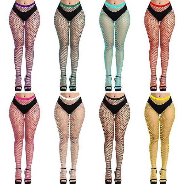 8 par fargerike fiskenettstrømper leggings strømper høy midje