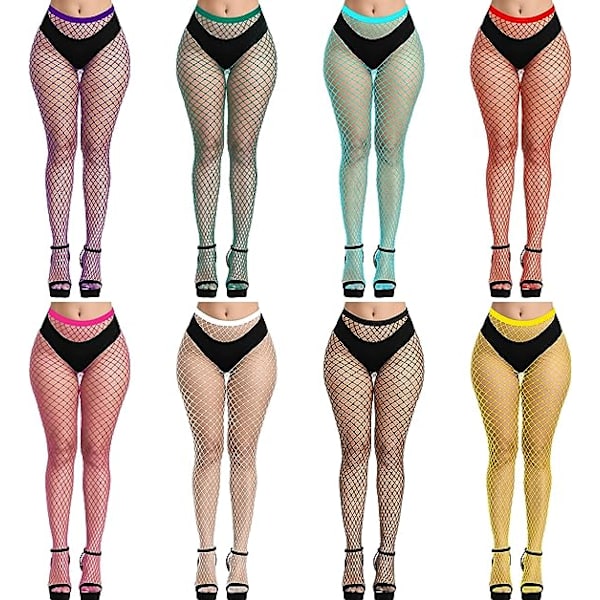 8 par färgglada fisknätstrumpor leggings strumpor hög midja