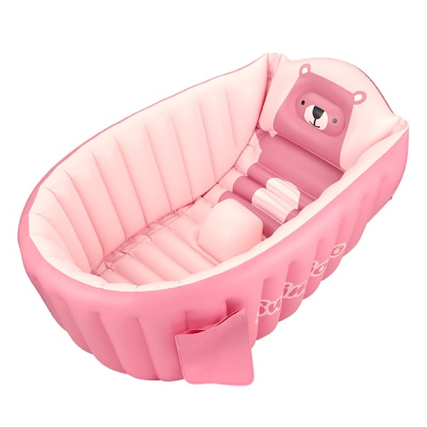 Uppblåsbar badbalja för småbarn, halkfri säkerhetstjock kudde central sits, bärbar resebadstol baby simbassäng för 0-5 år, rosa