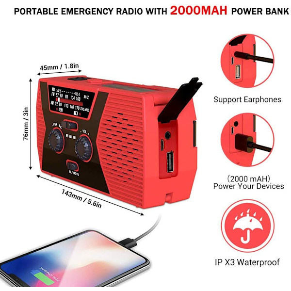 Bærbar solcelledrevet nødradio med lommelykt og Readi