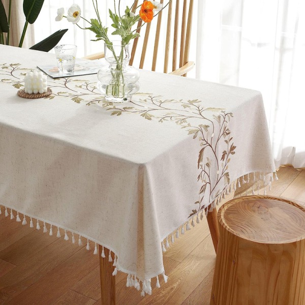 Broderad Duks, Rustik Lanthus Stil Köksbordstyg Blå Bordduk, Jordavvisande Bomullslinne Rektangulära Borddukar, Khaki 140*240cm