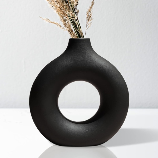 Black Ceramic Vase Nordic Circular Matte Hollow Donut Flower Vas