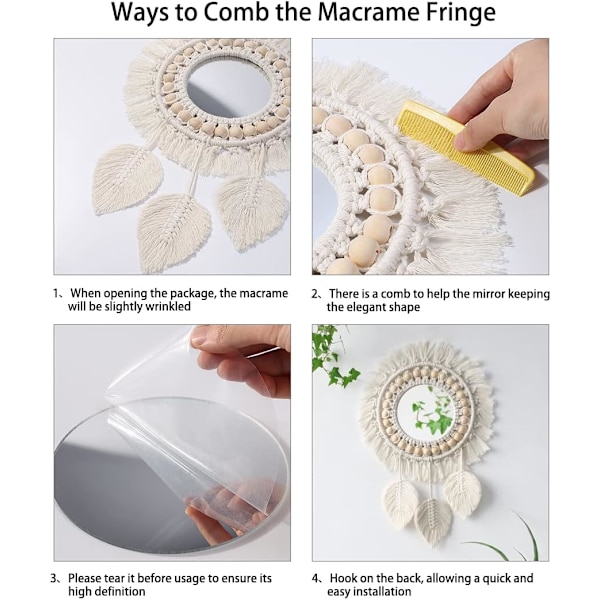Dekorativt hængende macrame vægspejl - Håndlavet Boho frynset A