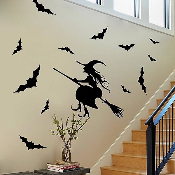 Halloween-noita ja pelottavat lepakot seinätarrat irrotettava vinyylitikku