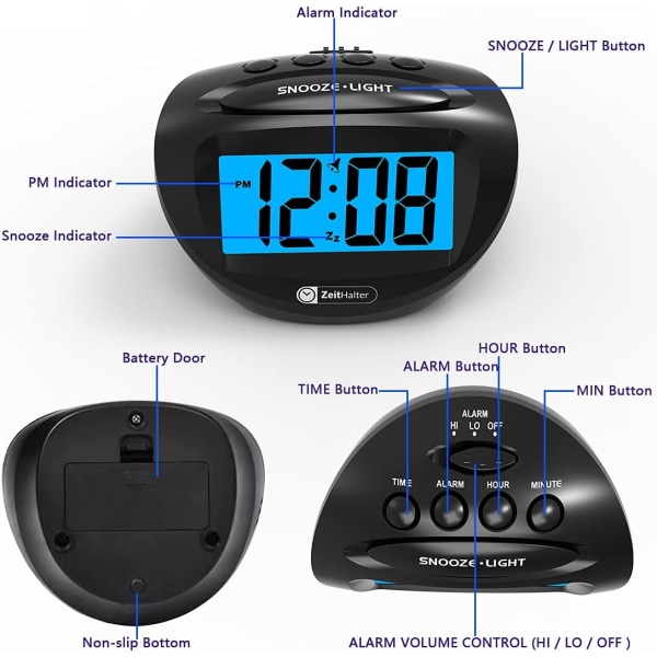 LCD Digital Alarm Clock Batteridrevet Kun, Blå Bakgrunnsbelysning, Hei
