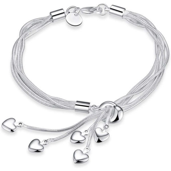 925 Sterling Silver Five Line Chain med Five Heart Armband