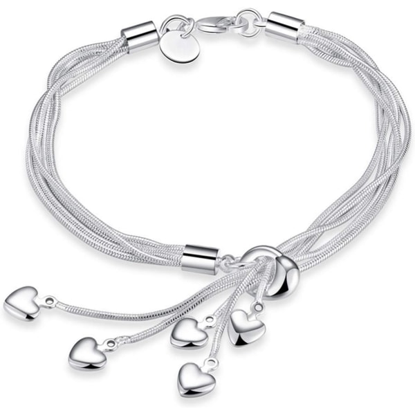 925 Sterling Silver Five Line Chain with Five Heart Bracelet