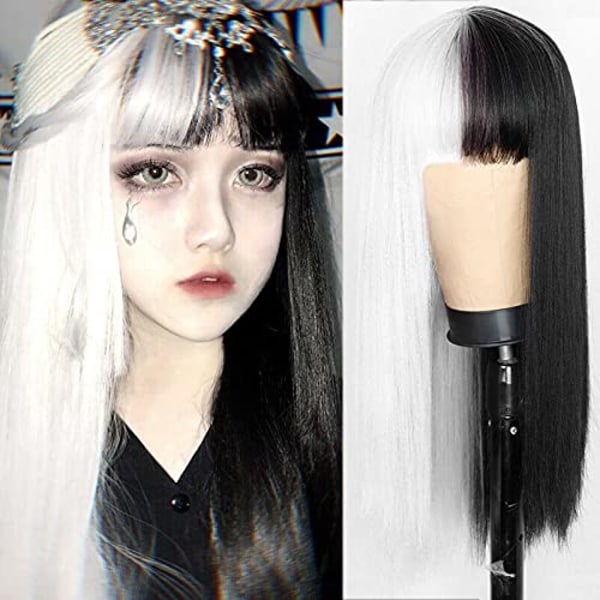 Half Black Half White Wig with Bangs Long Straight Hair Cosplay