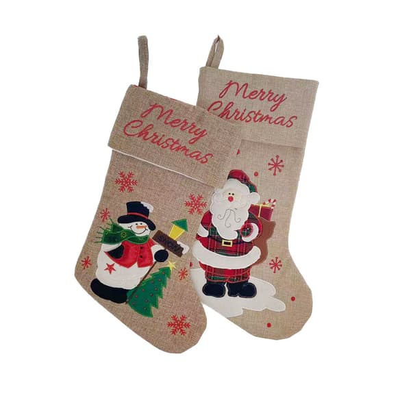 2 par julstrumpor presentpåsar linne broderad tomte