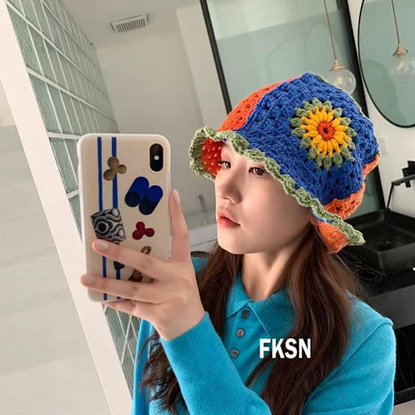 Japansk hatt kvinnlig ihålig blomma stickad fiskare hatt hand cro