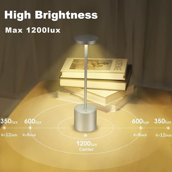 Sølv, oppladbar trådløs bordlampe, 3600mAh USB-lading