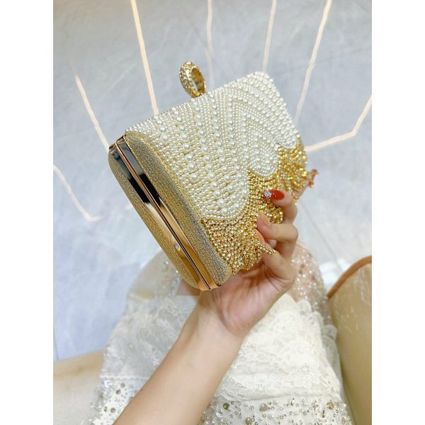 Naisten helmi- ja strassikoristeinen iltalaukku, vedettävä tupsu, clutch-laukku, crossbody-olkalaukku, juhlalaukku gold