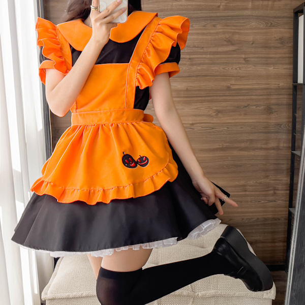 Kvinde Halloween Græskar Kostume Lolita Kjole Fransk Forklæde Pige
