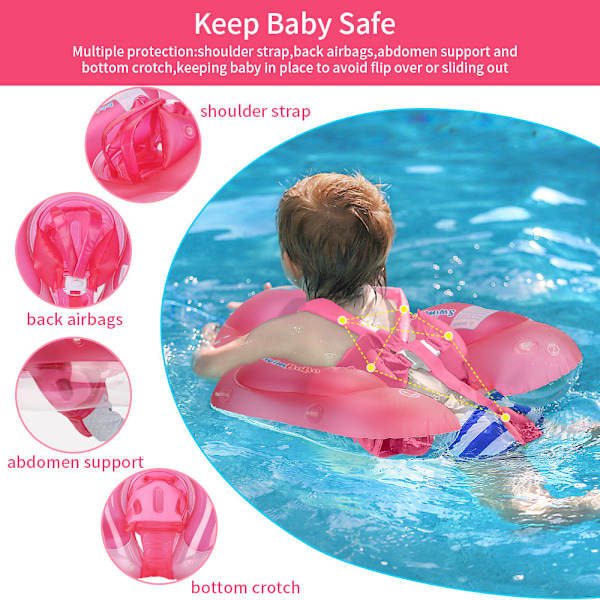 Baby Simningsfloat Uppblåsbar Baby Pool Float Ring Nyaste med Solskyddskåpa, Lägg till Svans Ingen Vändning för Ålder 3-36 Månader, RÖD L