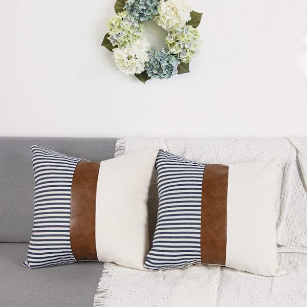Sæt med 2 Farmhouse Stripe Patchwork Linned Pudebetræk, Moderne Be