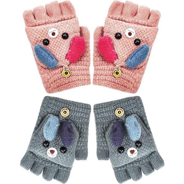 2 par fingerlösa handskar för barn Unisex söt tecknad katt halv