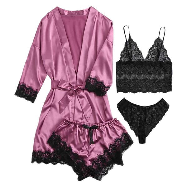 Dam 4-pack blommig spets kamouflage satin pyjamas underkläder set XL