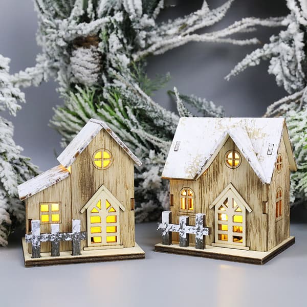 2 Pak Lysende Hytte Sne Hus DIY Træ Julepynt