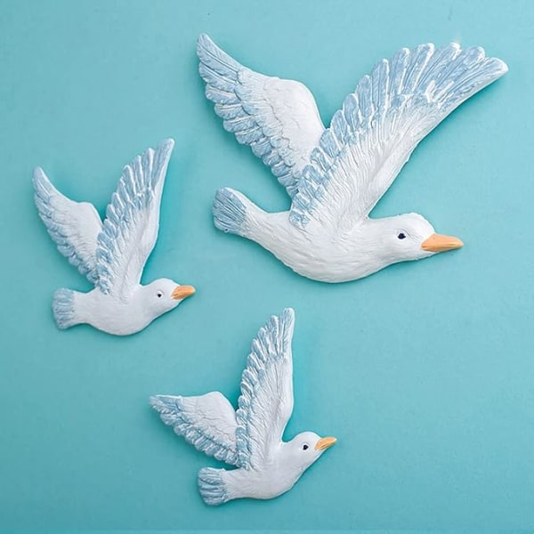 Coastal Seagulls Wall Decor-3pcs Nautical Resin Nordic Birds Bea