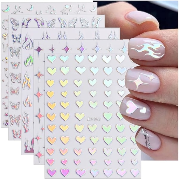 5 Sheets Nail Stickers 3D Laser Holographic Heart Star Moon Flam