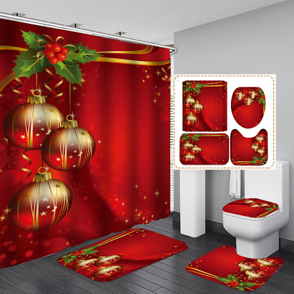 4 stk. Julebruskurtainsæt med antislip tæppe, toiletlåg og bademåtte, julebånds-krog, julebruskurtain three-piece set