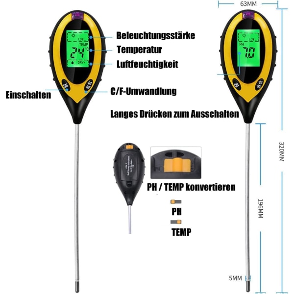 4 i 1 jordtester Jordtester pH-måler Sollys Temperatur Gar