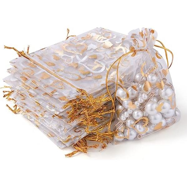 105 kpl organza-pusseja, 10 x 15 cm valkoinen sydänkuvioinen organza-lahja