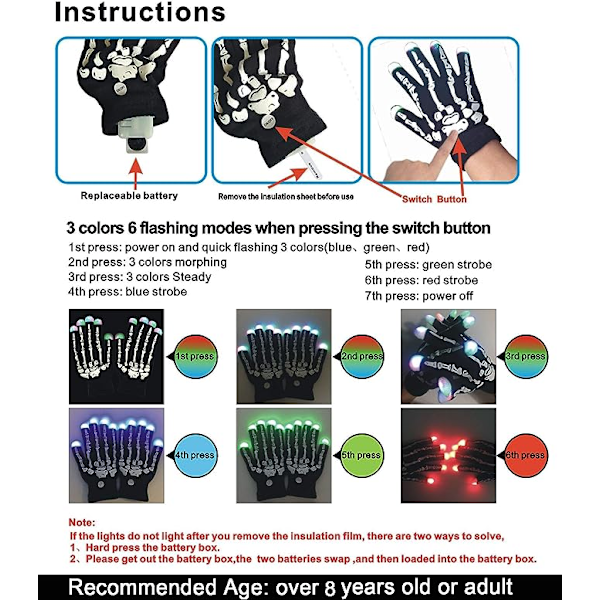 Skelett handskar, LED handskar, Light Up handskar Finger Light Magic