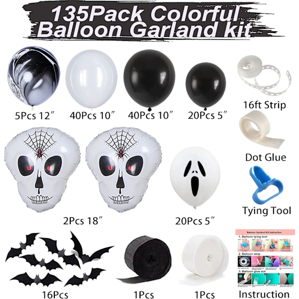 Halloween-ilmapalloketjusetti, 135 kappaletta mustavalkoisia lateksipalloja