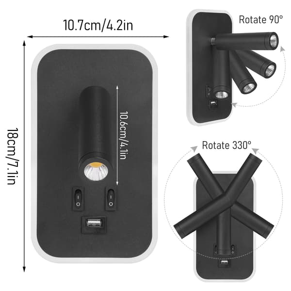 Sengelampe, LED-leselampe med USB-port og bryter
