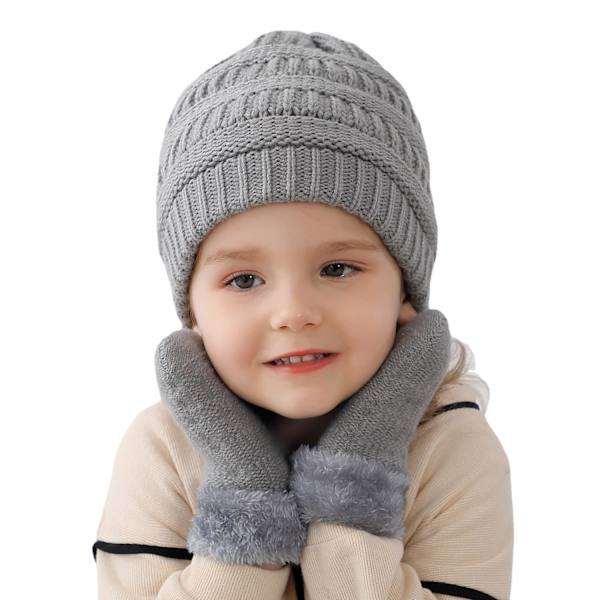 Lue og hanske sett for barn, gutter og jenter, strikket lue og fleece