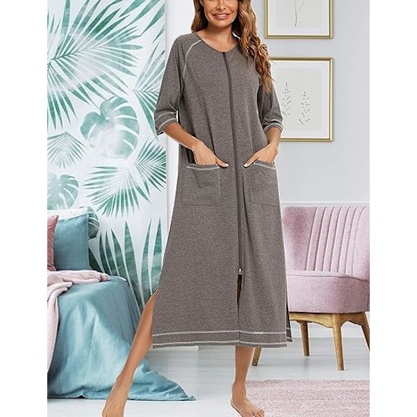 Dame Badekåbe Lynlås Front Kontor Frakke Pyjamas 3/4 Ærme Lad