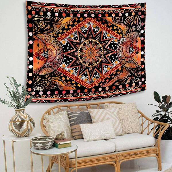 Orange Sun and Moon Väggbonad, Cool Indie Hippie Mandala Vägg