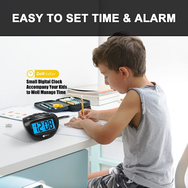 LCD Digital Alarm Clock Batteridrevet Kun, Blå Bakgrunnsbelysning, Hei