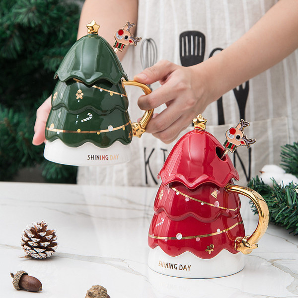 Keramisk kaffemugg med lock, julgran tekopp med stål S